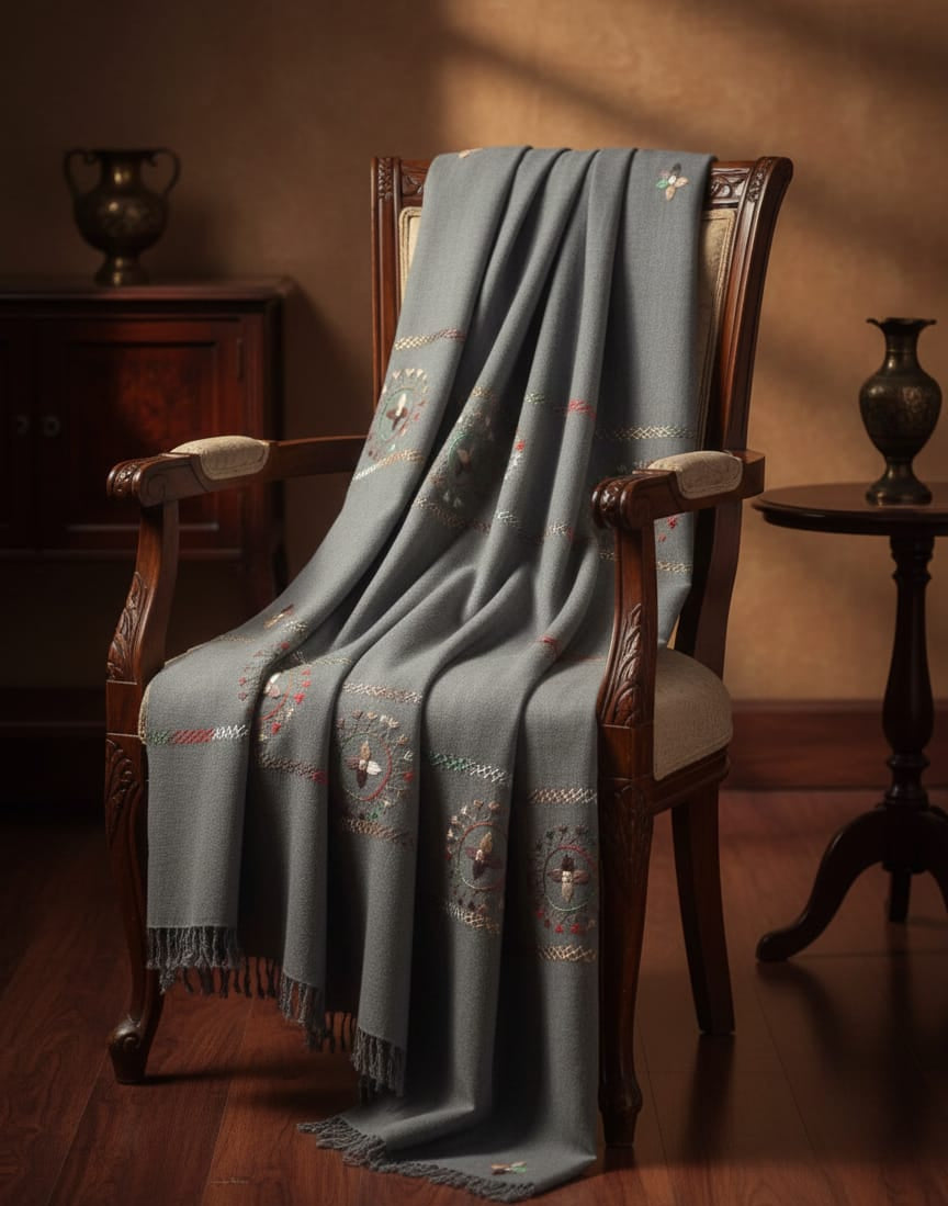Gray embroidered blanket draped over a wooden chair in a warm-toned room.