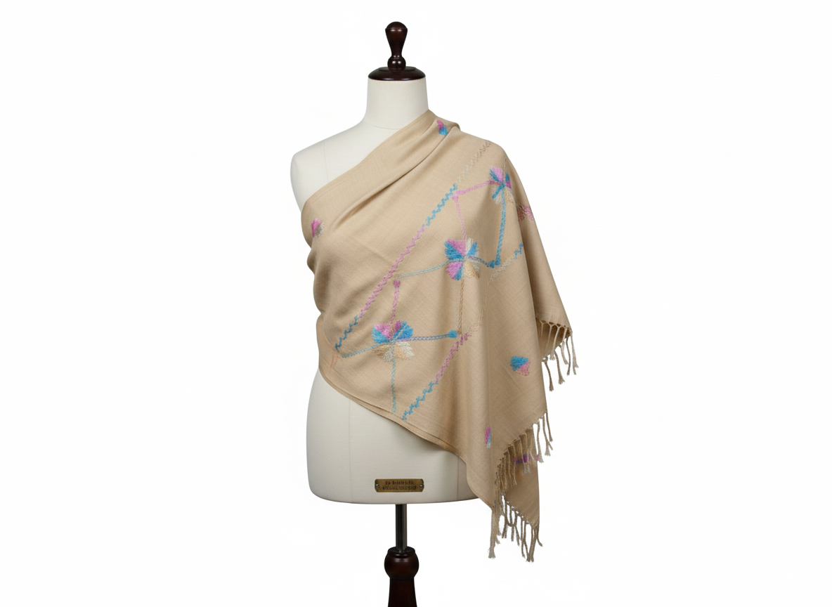 Beige scarf with floral embroidery on a mannequin against a white background