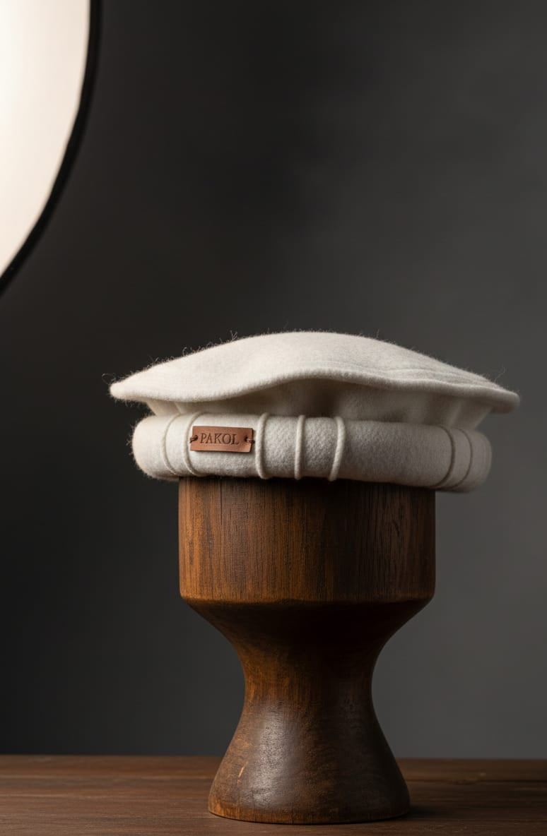 Gray cap on a wooden stand against a dark background