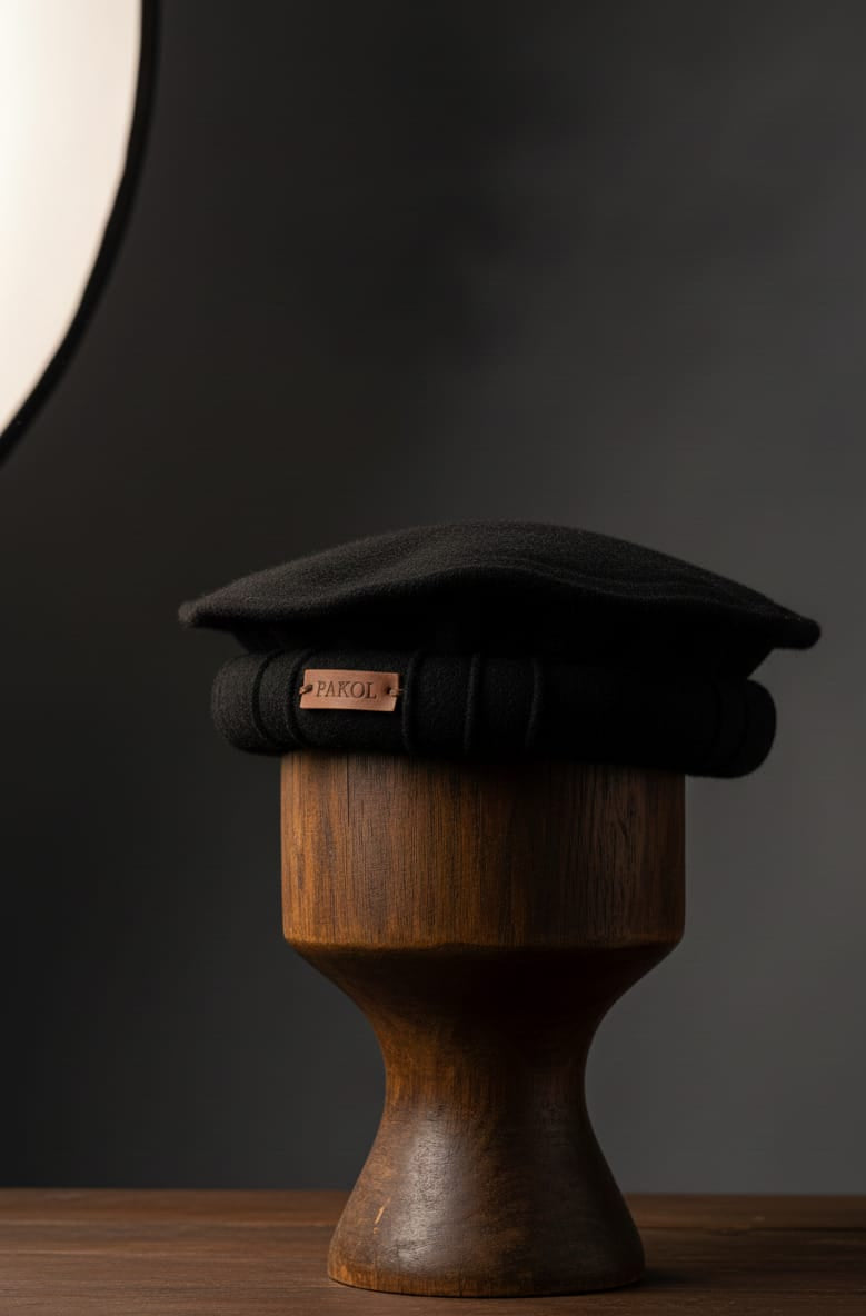 Black cap on a wooden stand against a dark background