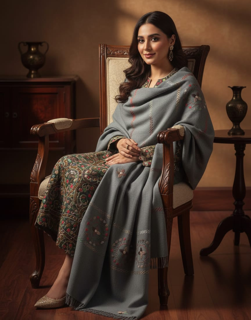 Woman sitting on a wooden chair wearing a gray shawl in a warm-toned room.