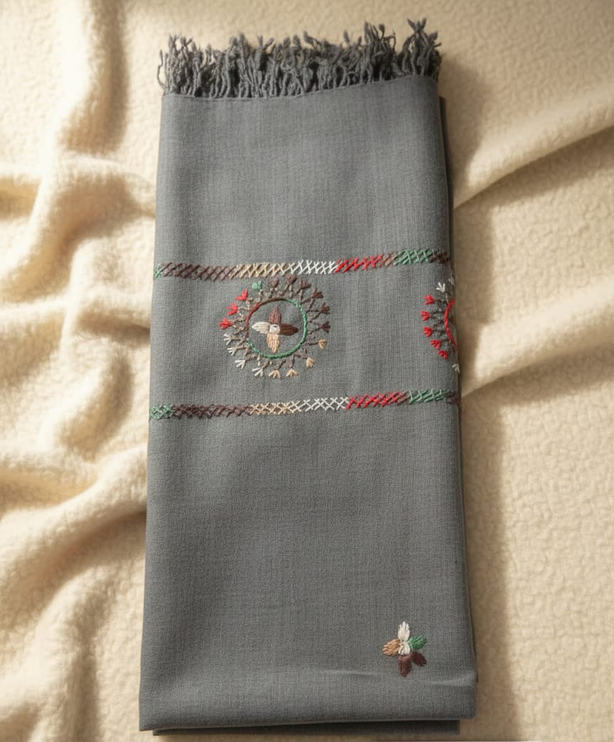 Gray embroidered shawl on a beige fabric background