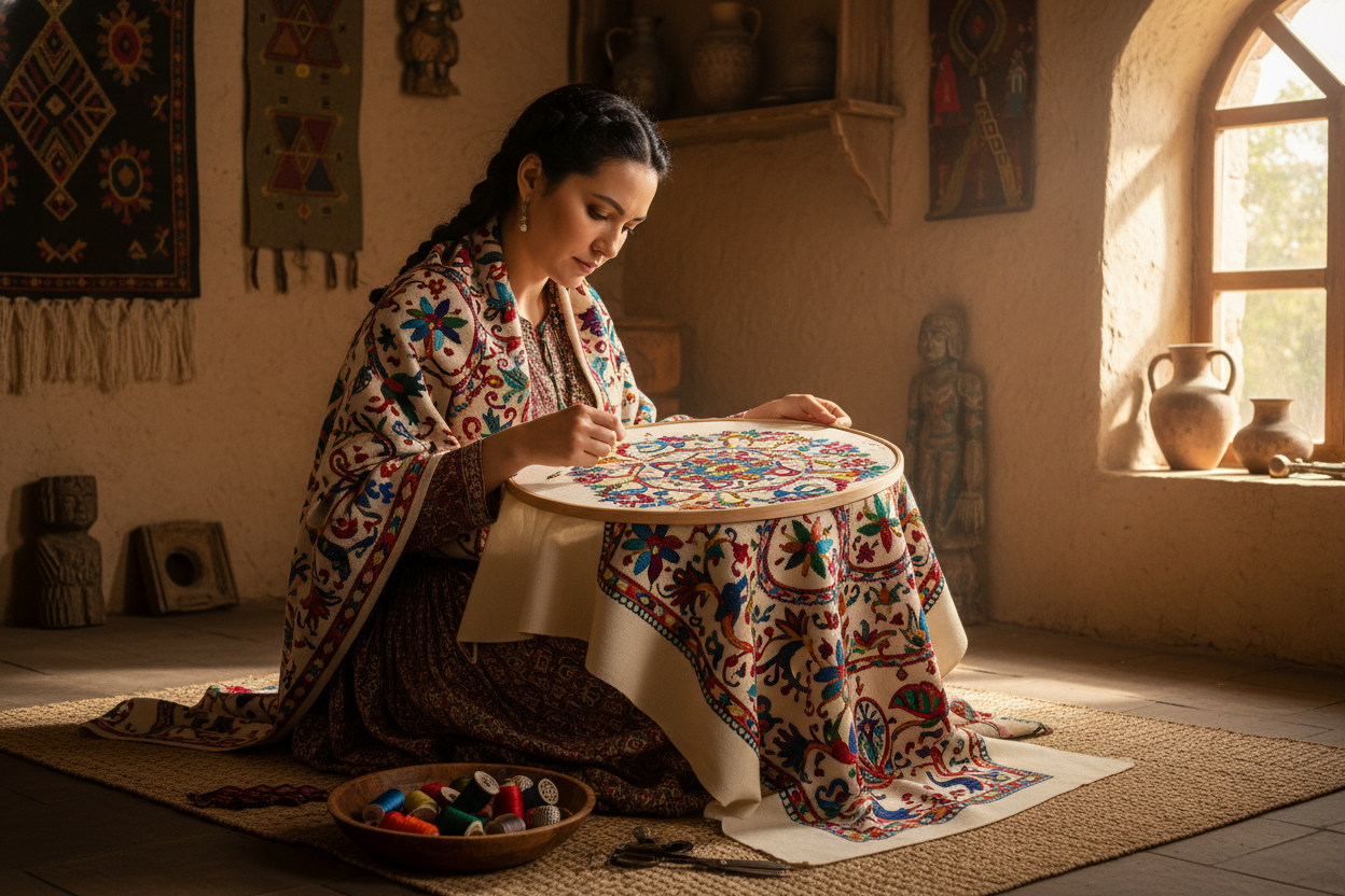 A women making Embroidery on Shawl, traditional way