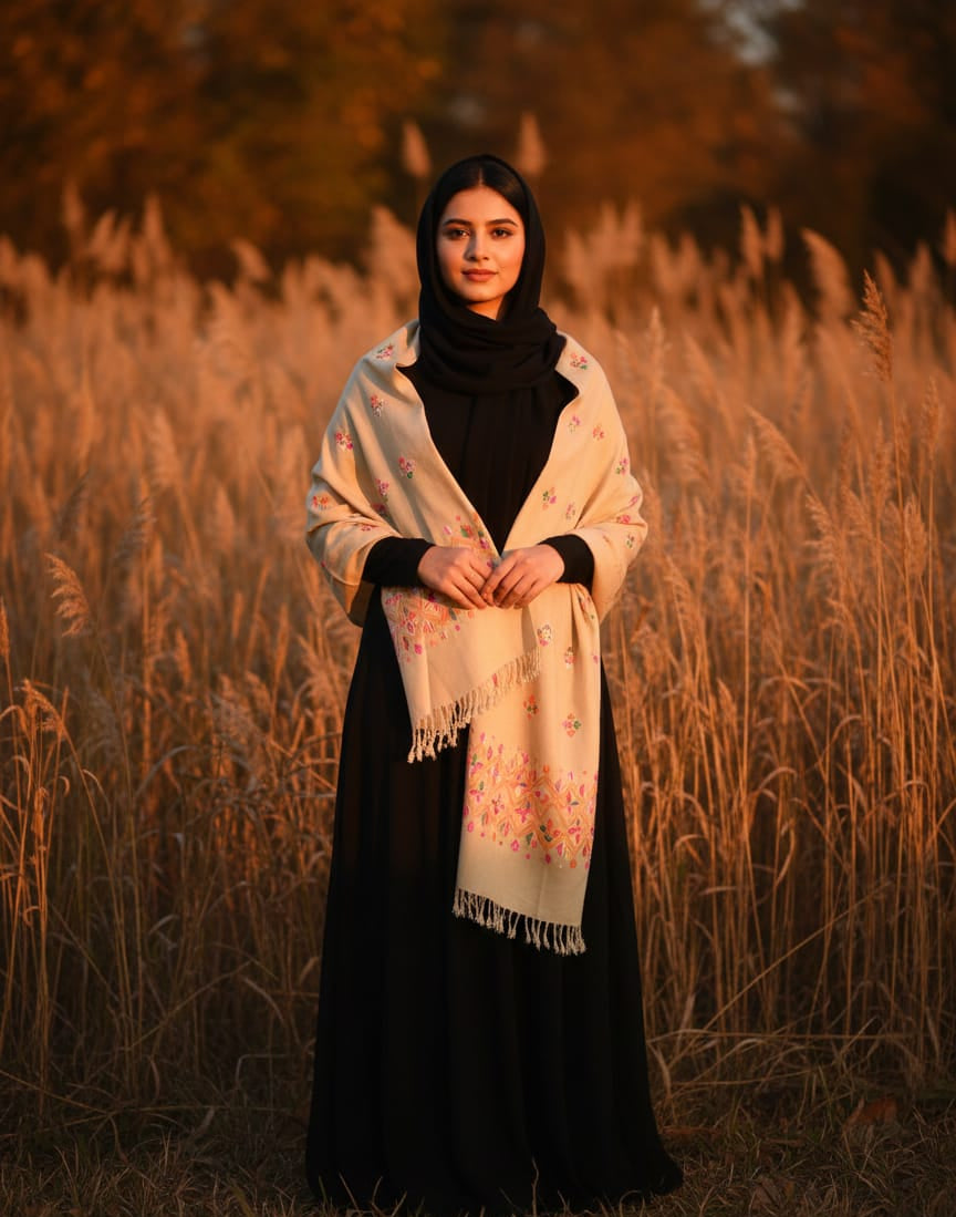 Woman wearing a black dress and beige scarf standing in a field with warm lighting